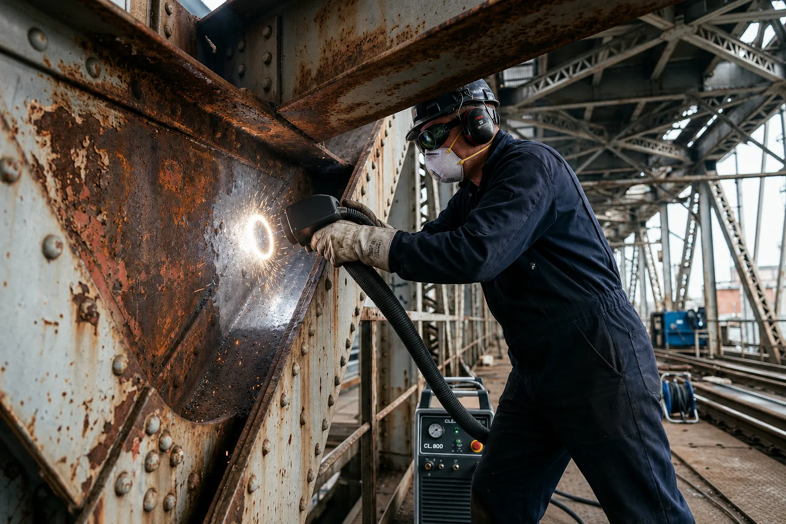 Fiber-delivered laser cleaning head reaching awkward steelwork