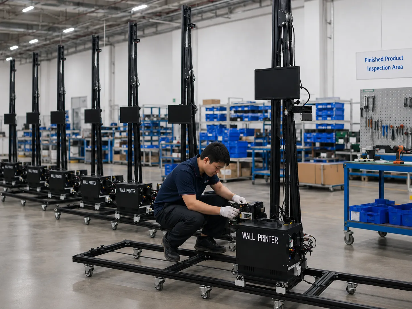 Production-line wide shot looking down the row of 4 assembly bays at the WallPrintBox wall printer factory, with workers in branded jackets