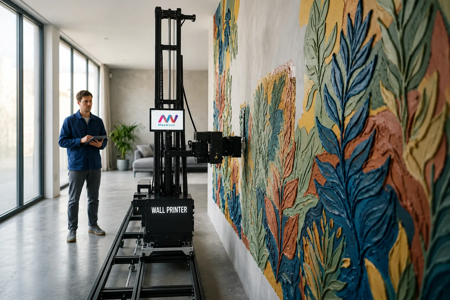 3D wall printer creating embossed tactile relief mural