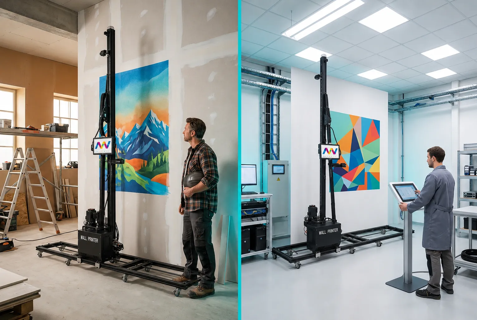 Side-by-side view of on-site portable wall printer and factory-fixed studio setup