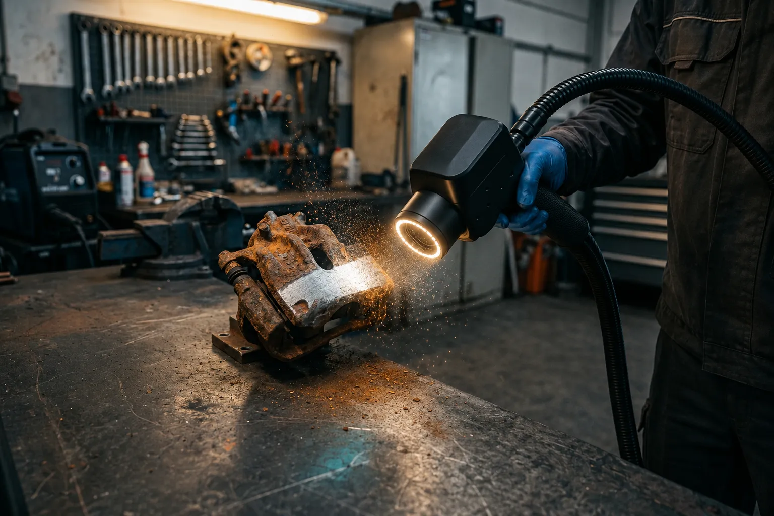 Pulsed laser cleaning an automotive part under workshop light