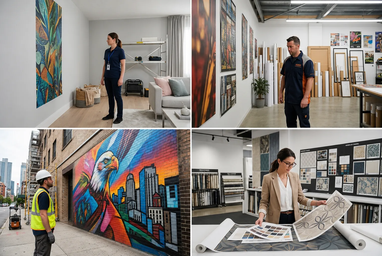 Four different wall printing business operators — mobile decorator, print shop, mural contractor and wallpaper studio