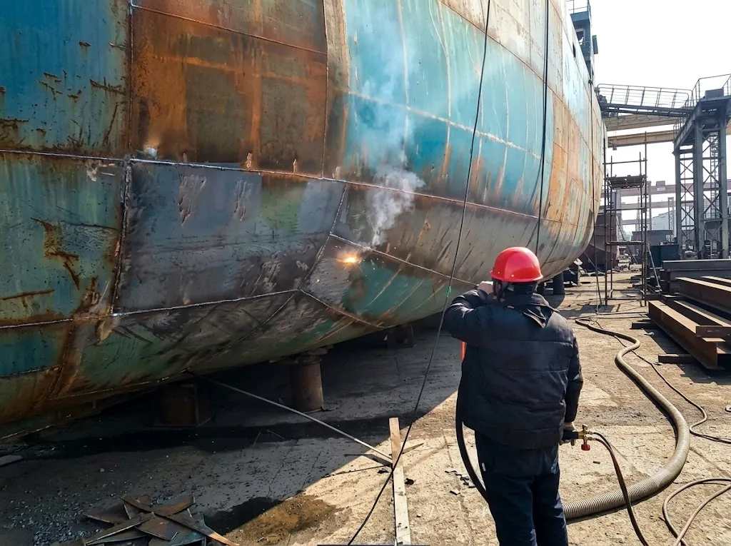 Continuous-wave laser cleaning a corroded marine steel surface dust-free on the dock