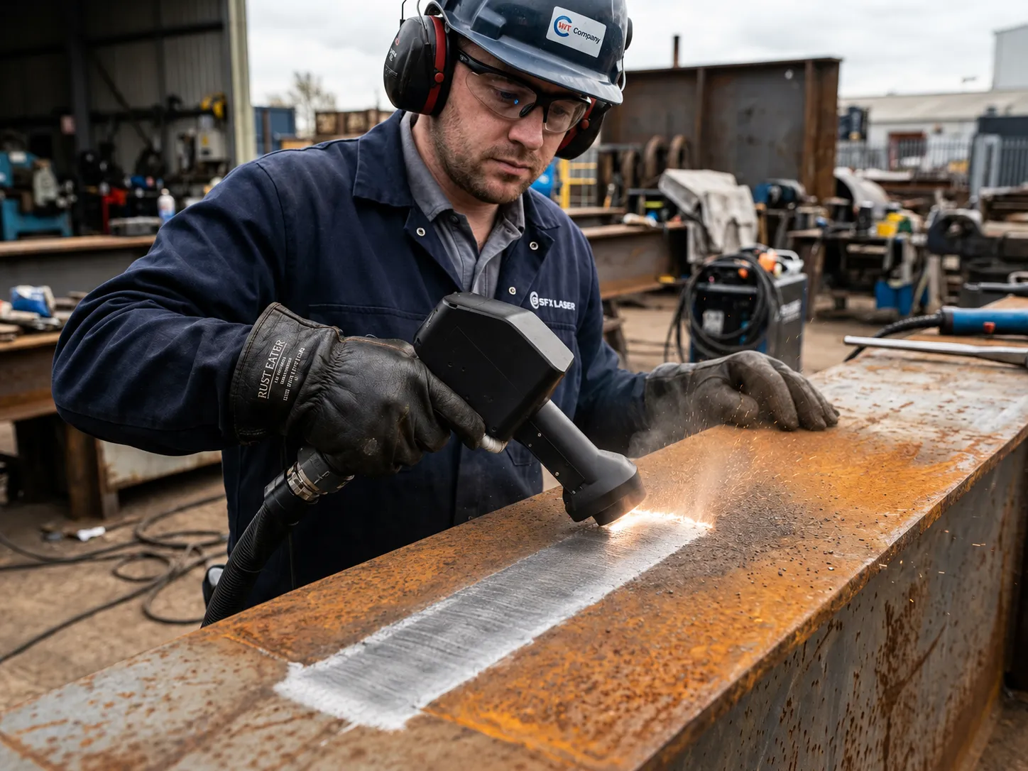 Handheld laser cleaner removing rust from a metal surface on-site