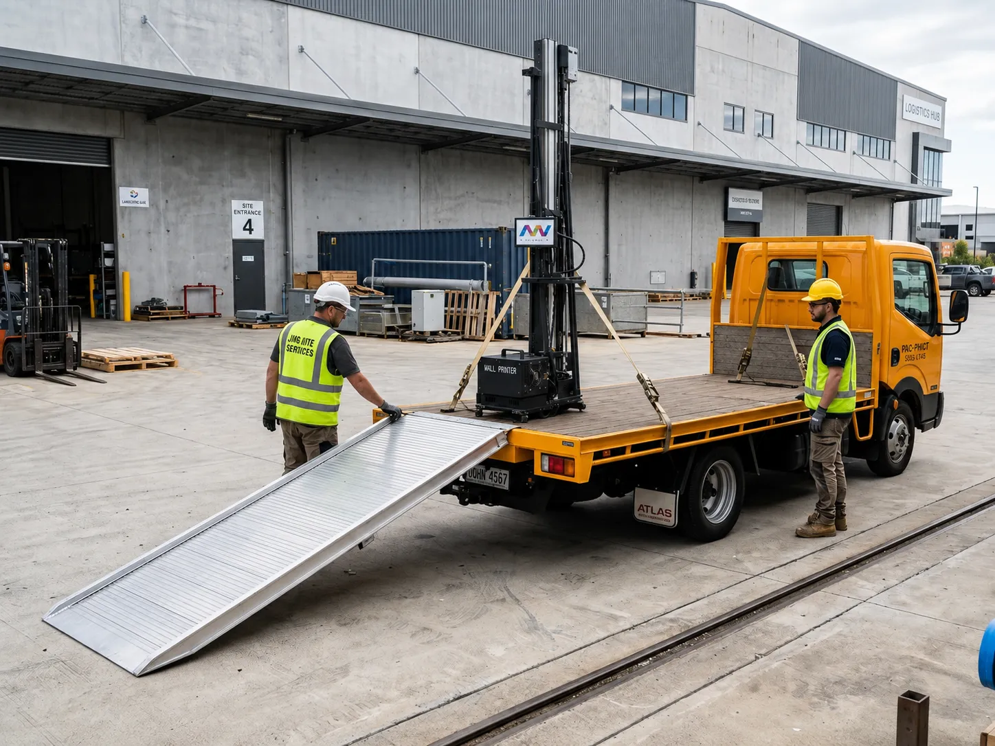 Flat-bed truck with ramp used to transport a large-format mural printer to a commercial job site