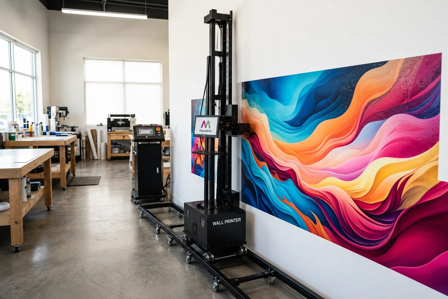 Vertical wall printer operating on a flat painted commercial wall
