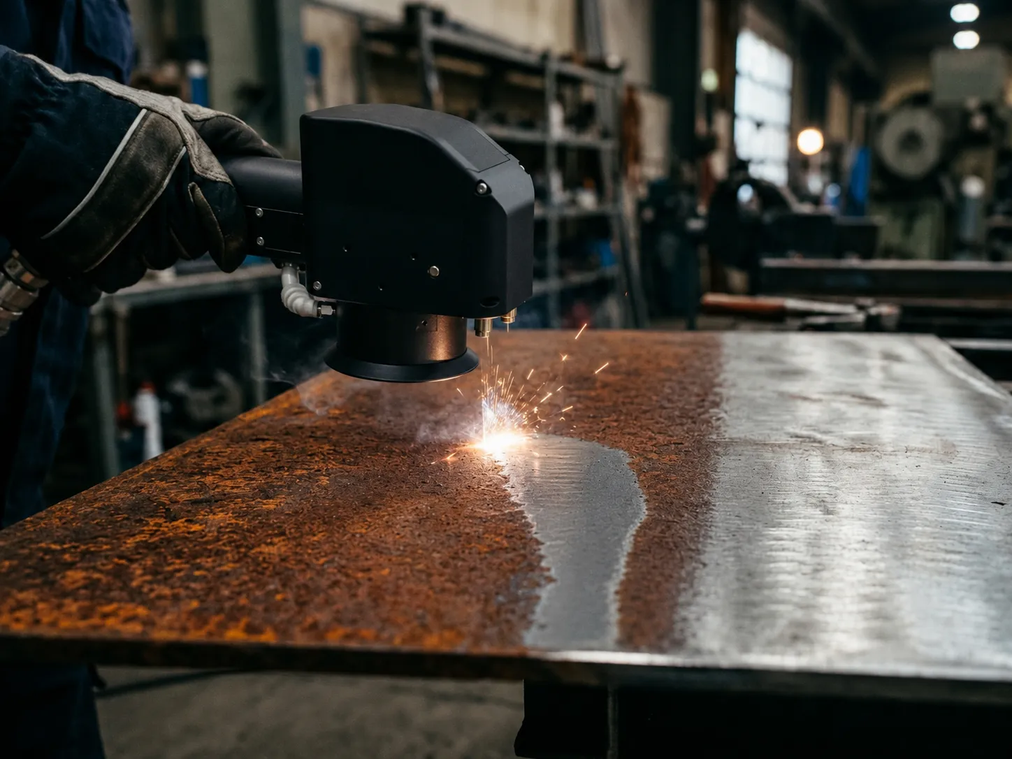 High-power continuous-wave laser removing heavy rust from a steel surface