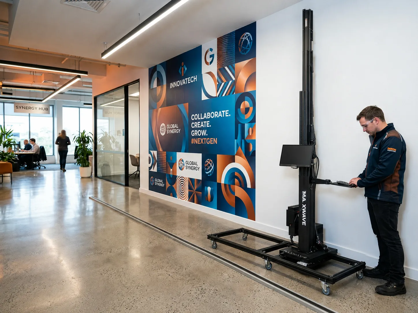 Inkjet wall printer producing a high-accuracy brand wall graphic indoors