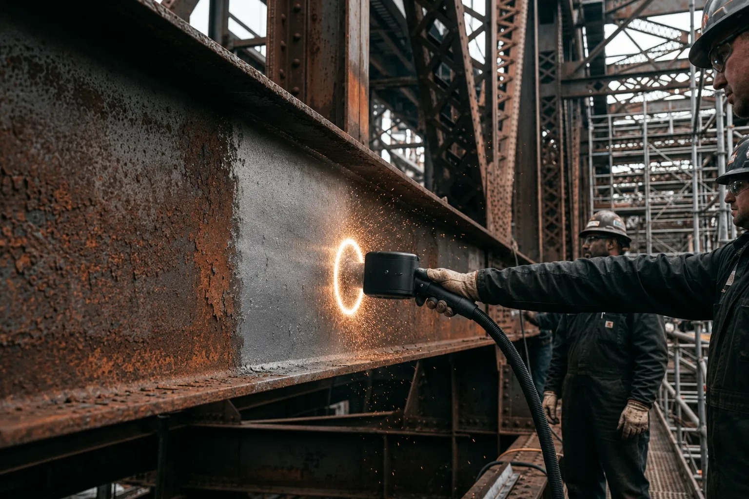 High-power laser removing rust from a steel structure