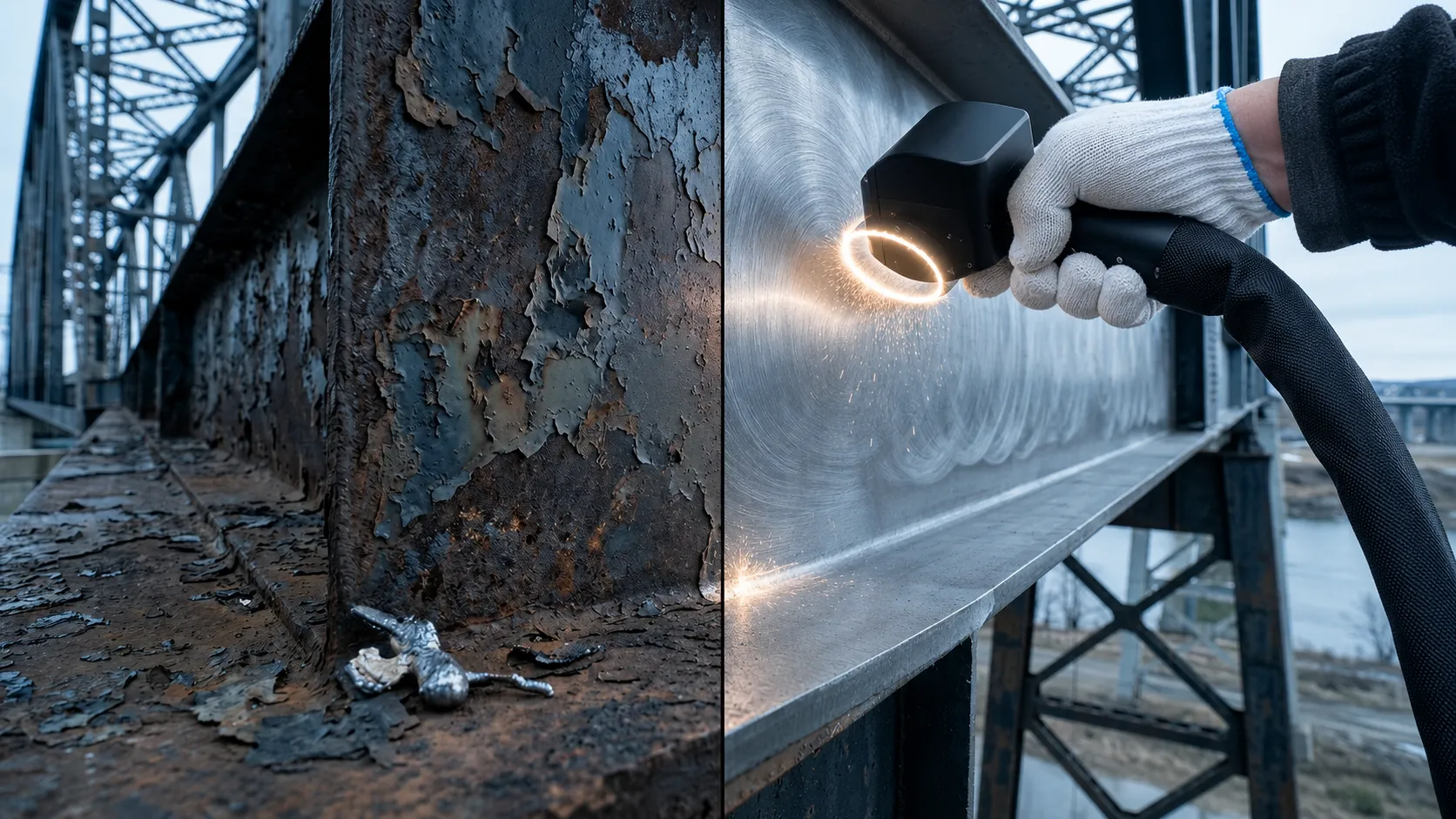 Steel surface with rust on one side and a clean laser-treated finish on the other