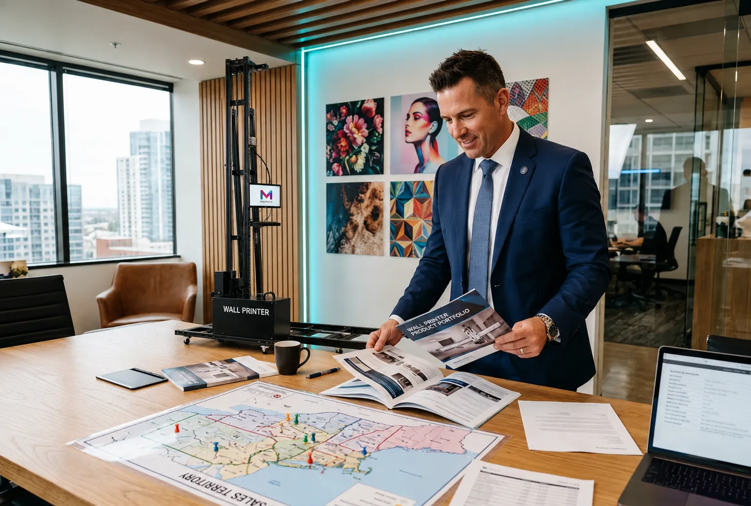 Regional equipment dealer reviewing wall printer product portfolio with territory map