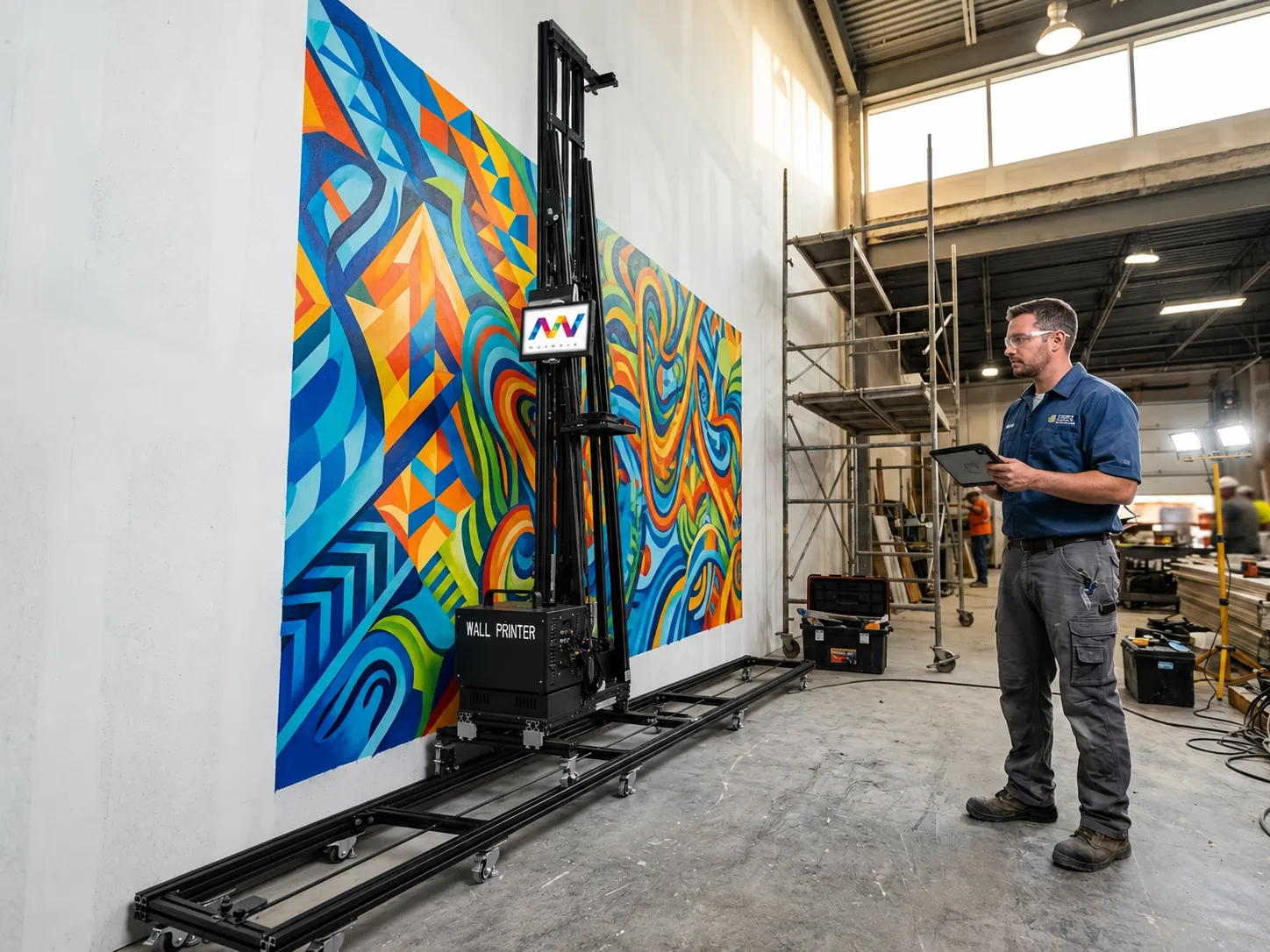 Commercial wall printer producing a retail brand wall graphic in a franchise fit-out environment