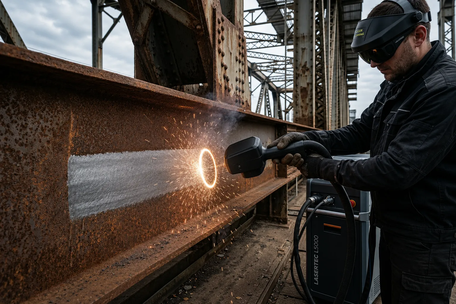 High-power laser cleaner de-rusting steel structure on site