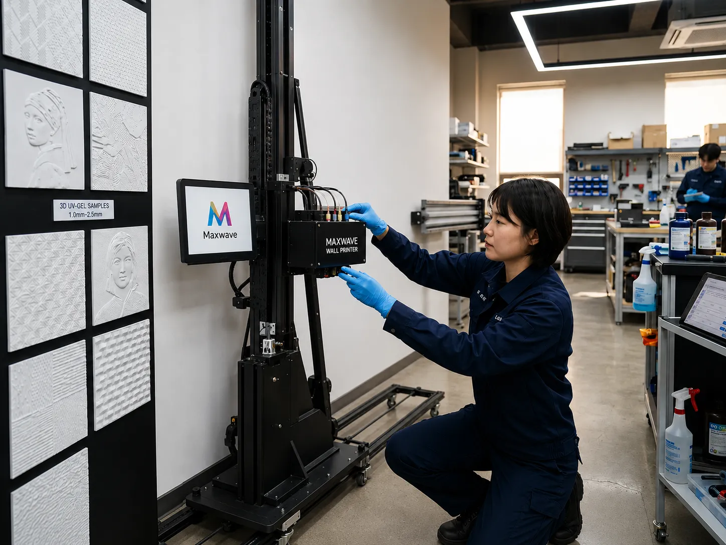 Operator calibrating UV-gel ink system on 3D wall printer during training session