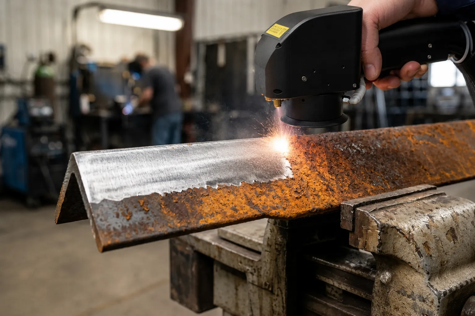 Controlled pulsed laser cleaning of a corroded metal angle