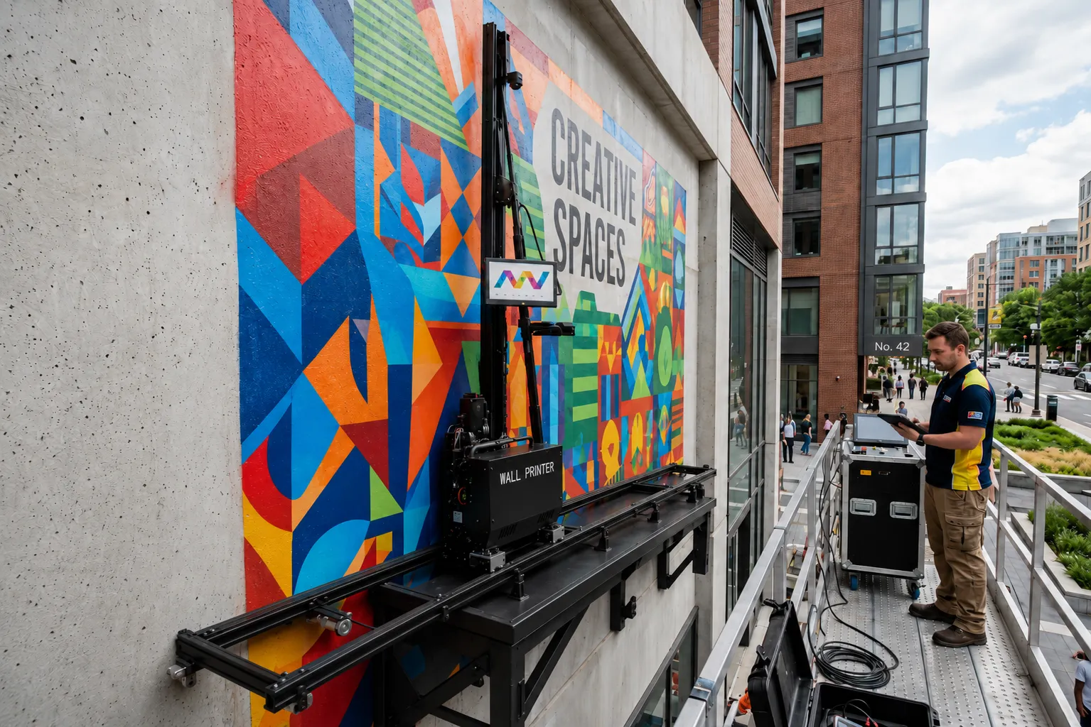 WallPrintBox mural printer operating on a large exterior wall, printing a wide-format commercial mural at 4m width