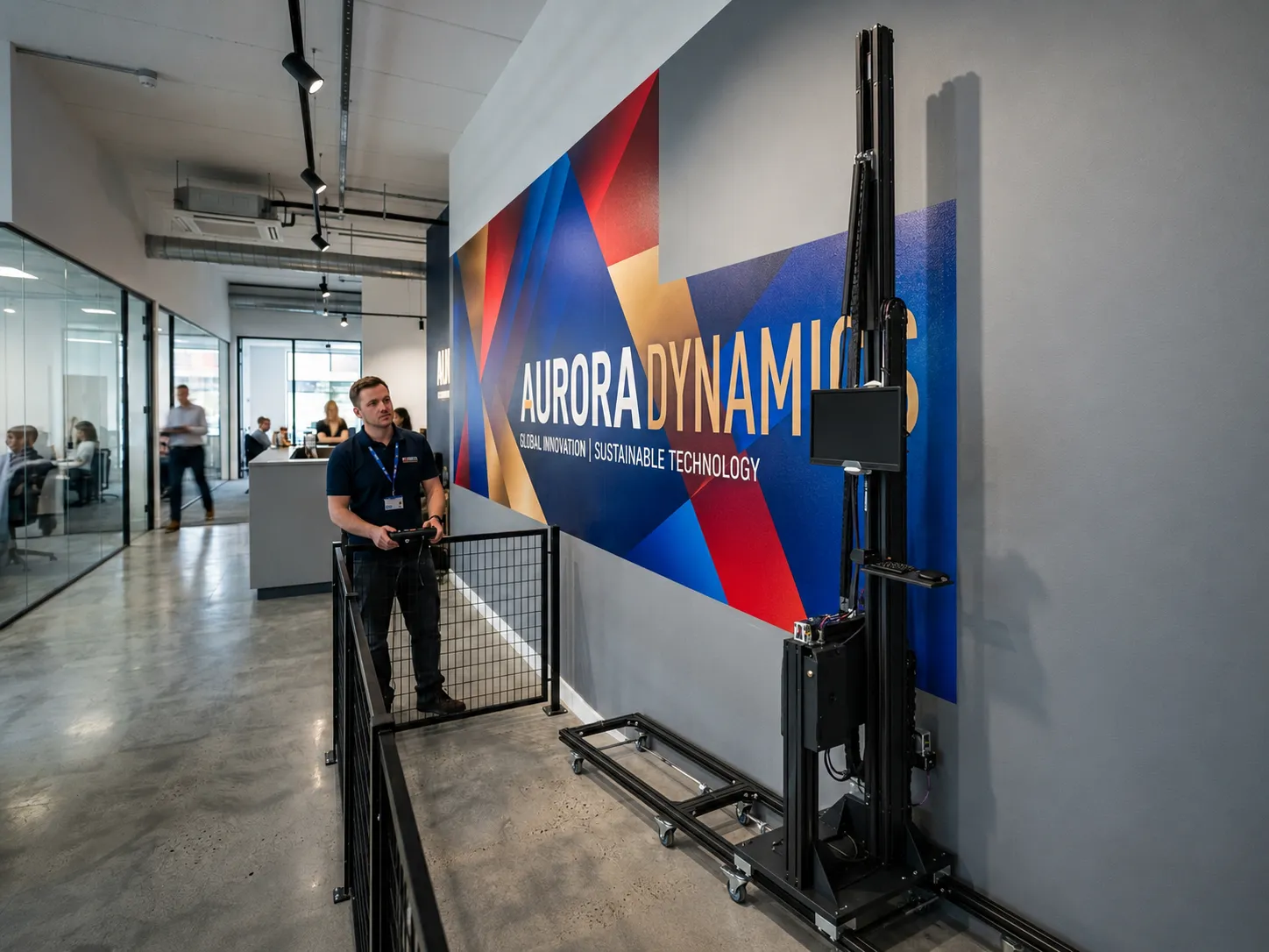 Inkjet wall printer producing precise colour-accurate brand wall in commercial space