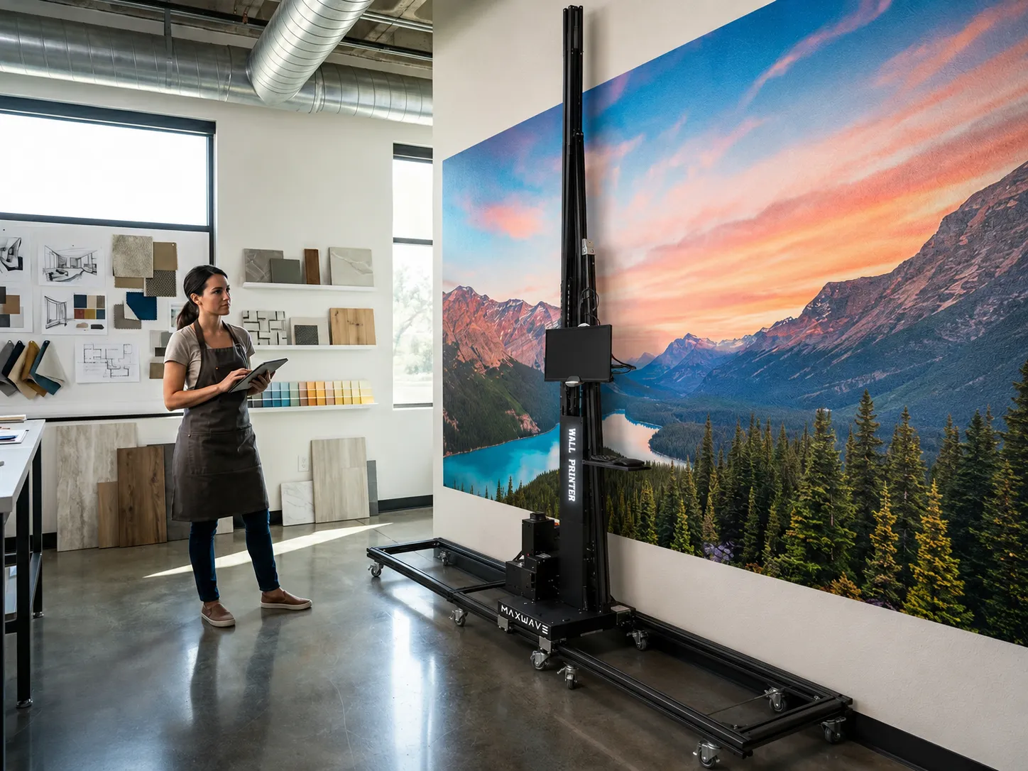 V2 Pro inkjet wall printer on-site producing high-fidelity reproduction of client photography on a feature wall