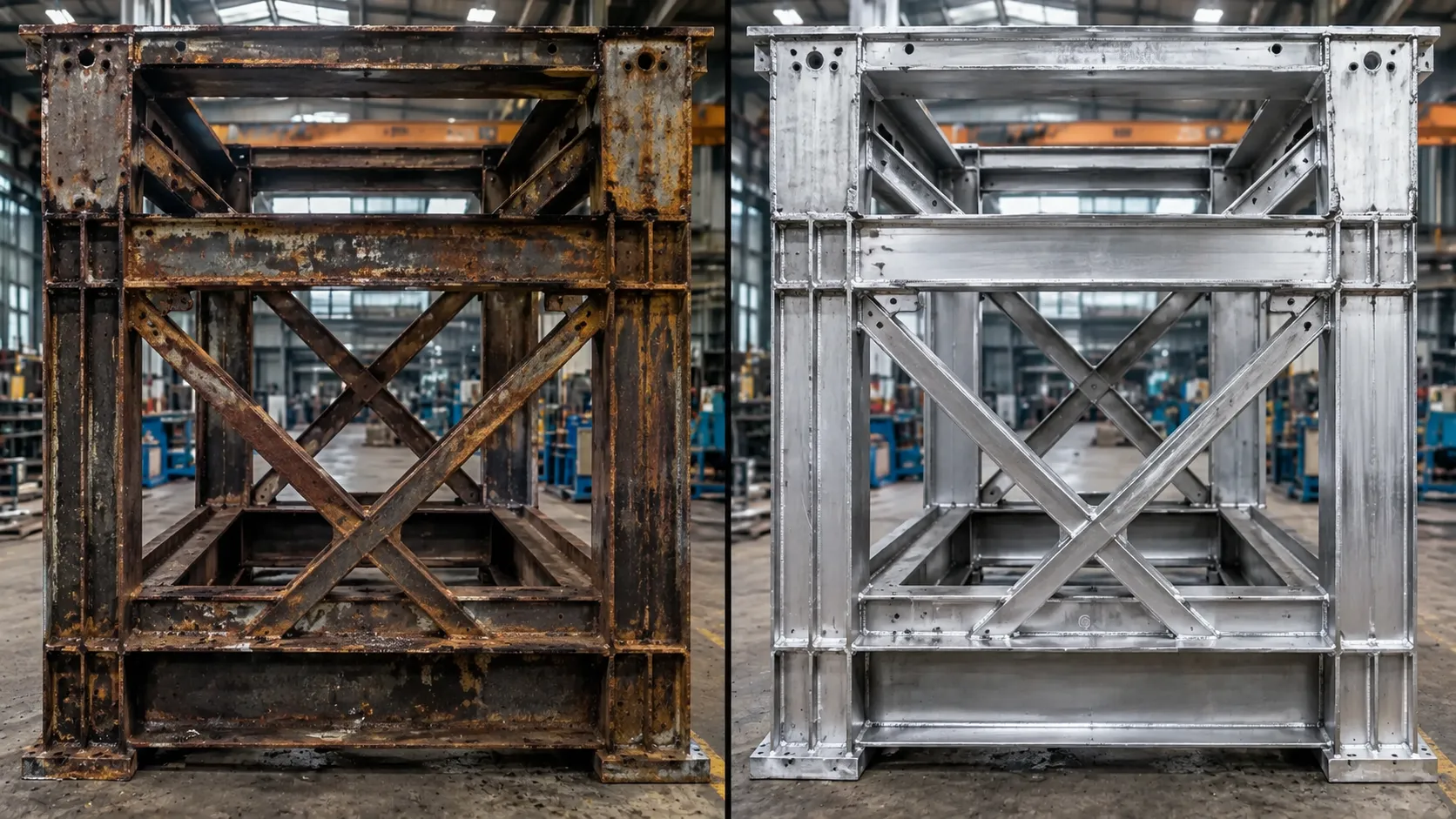 Heavy rust and corrosion on a steel structure before laser cleaning