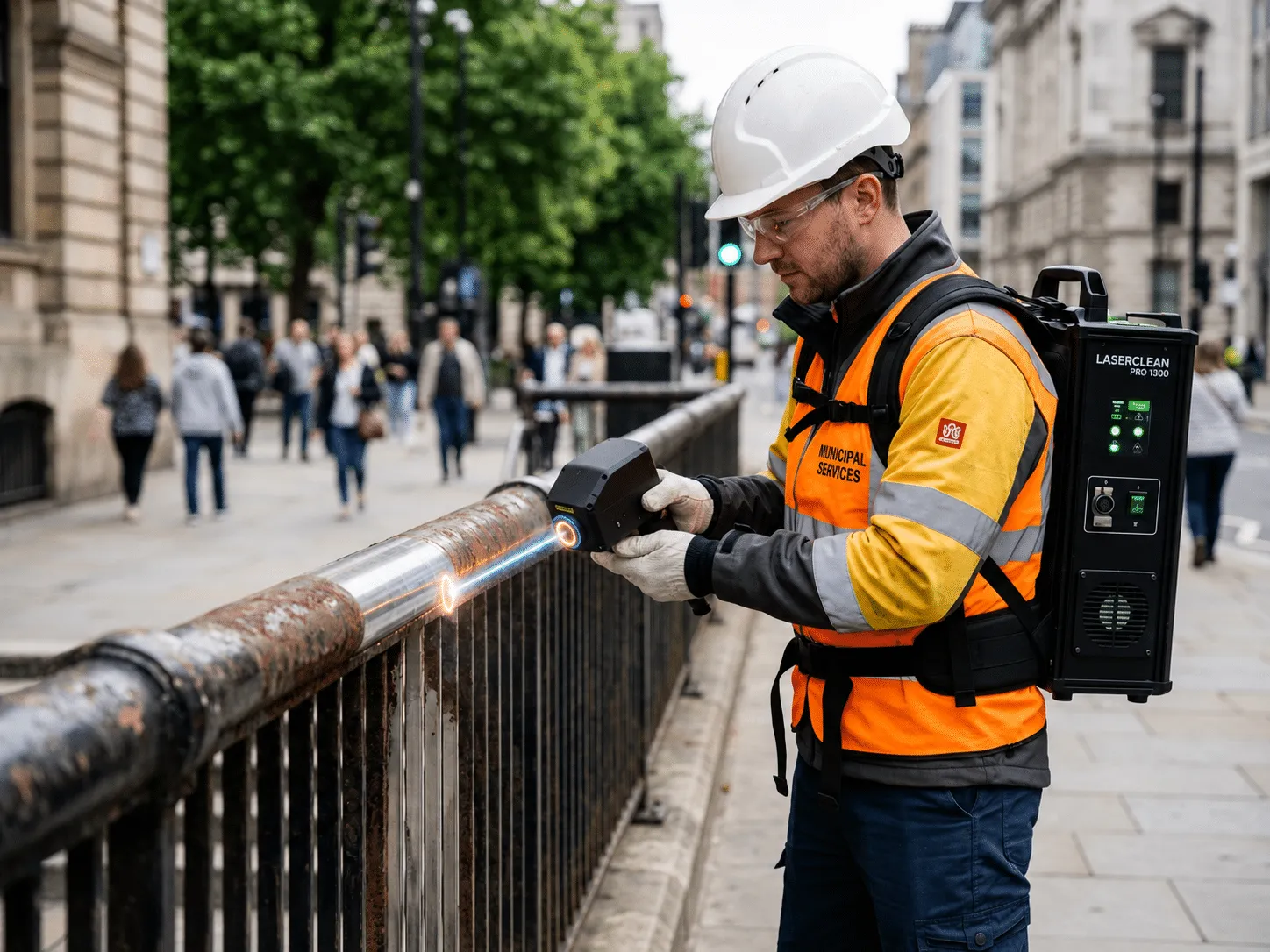 Operator with a backpack portable laser cleaner working on a public asset on site