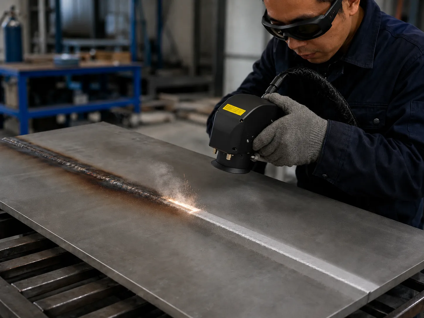 Pulsed laser cleaning head used for seam-level weld heat tint removal