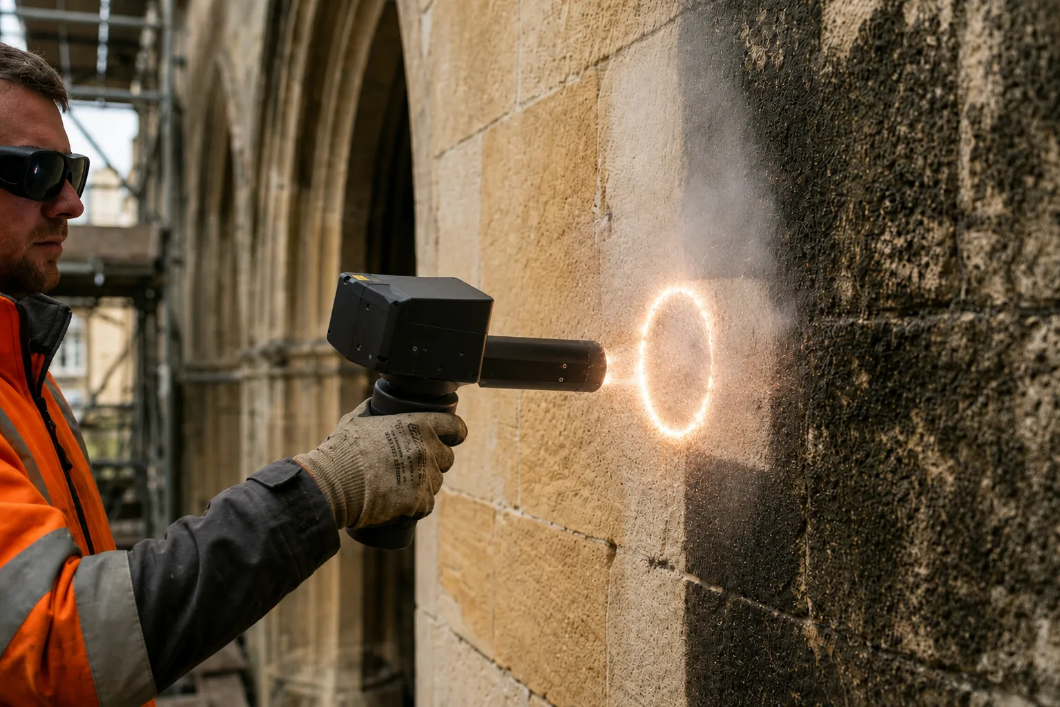 Pulsed laser cleaning head with adjustable energy for stone conservation