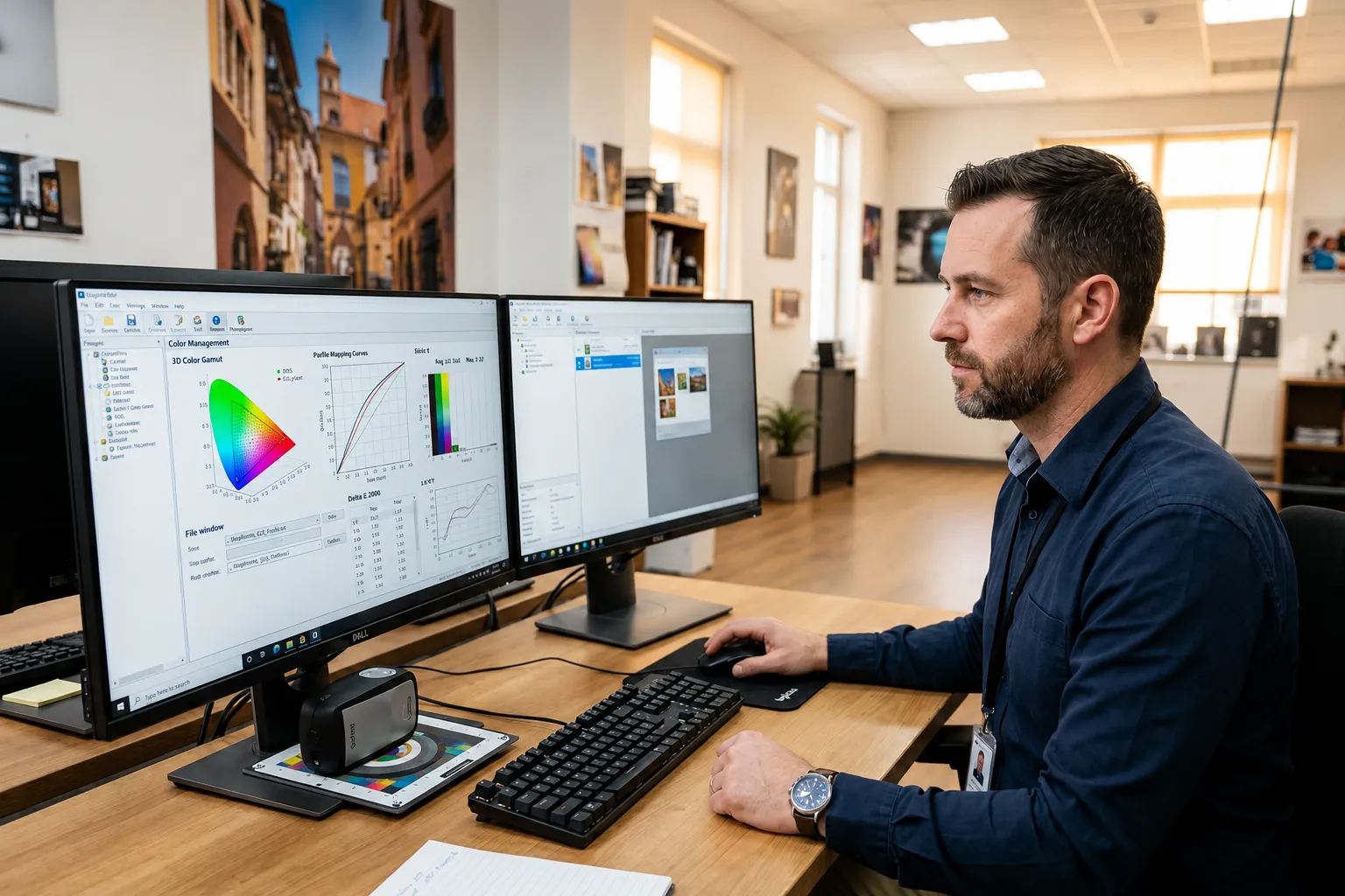 Operator importing ICC colour profile into RIP software for inkjet wall printer calibration workflow