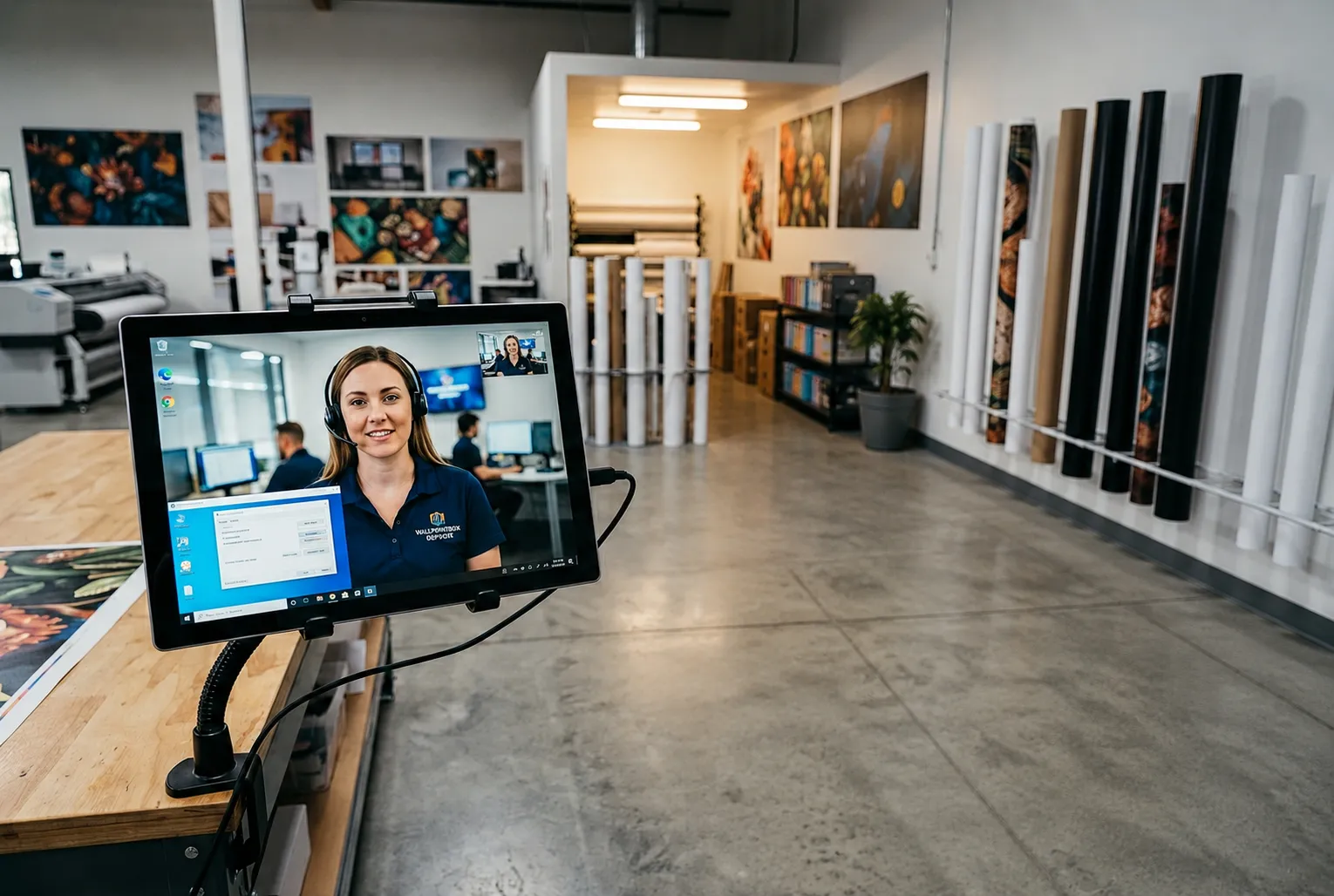 WallPrintBox support technician providing remote assistance on a large-format mural printing job