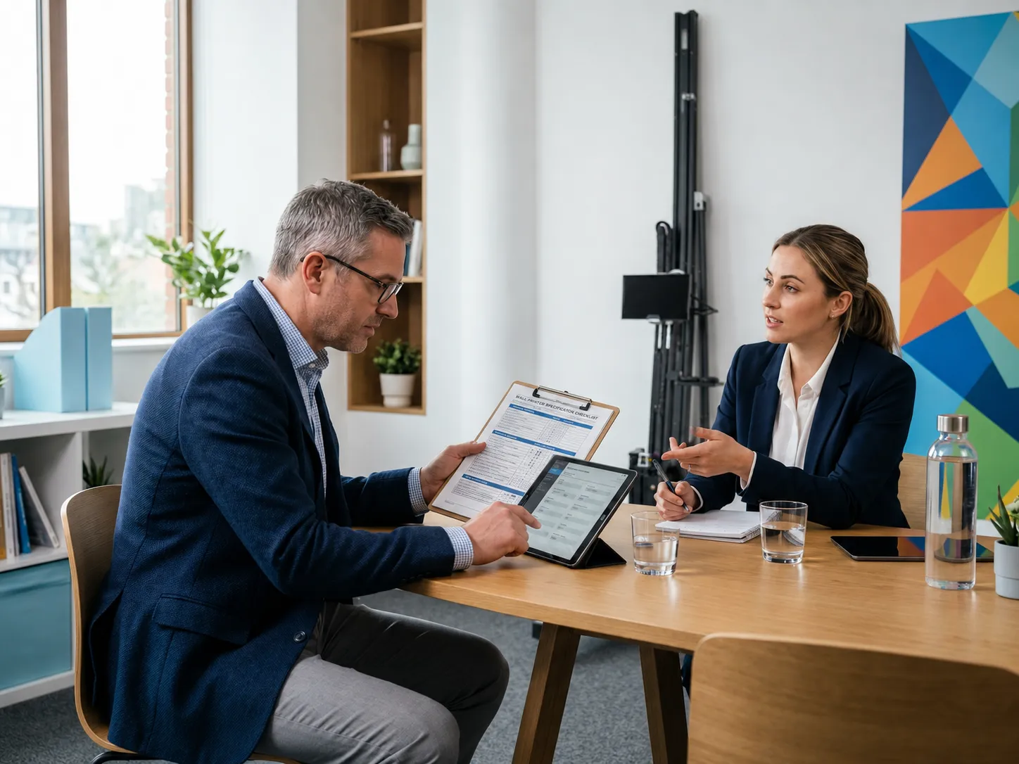 Business buyer reviewing technical specification checklist with wall printer supplier