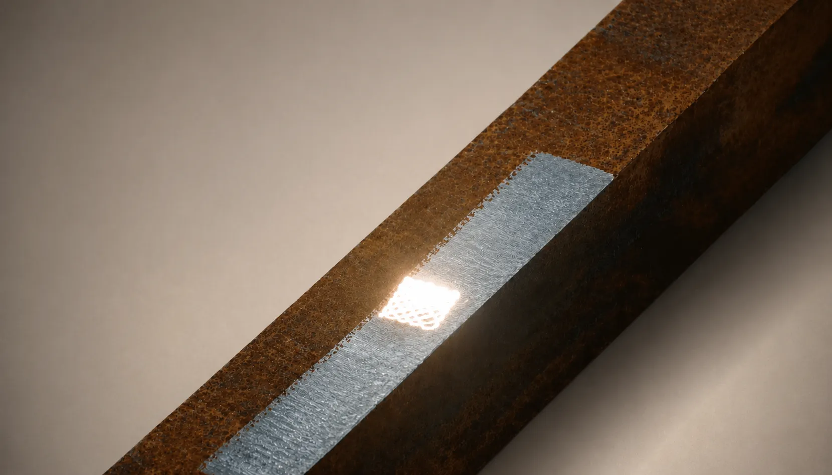 Close-up of a laser beam removing rust from a corroded metal surface