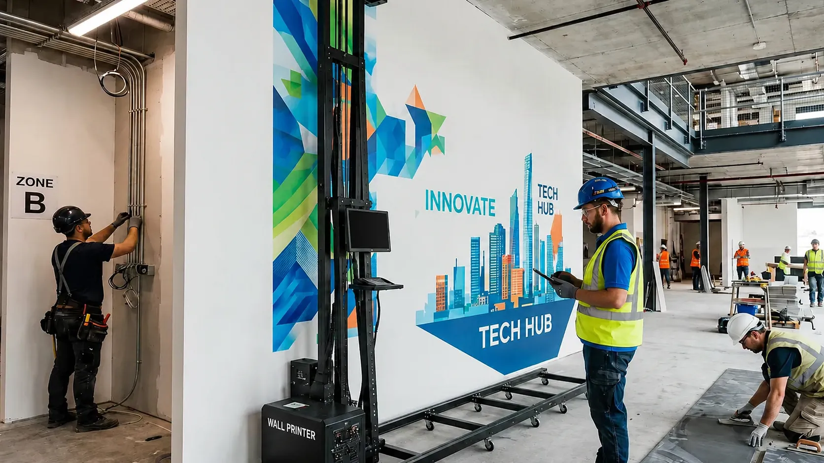New-build commercial interior showing wall printing during fit-out phase alongside other finishing trades