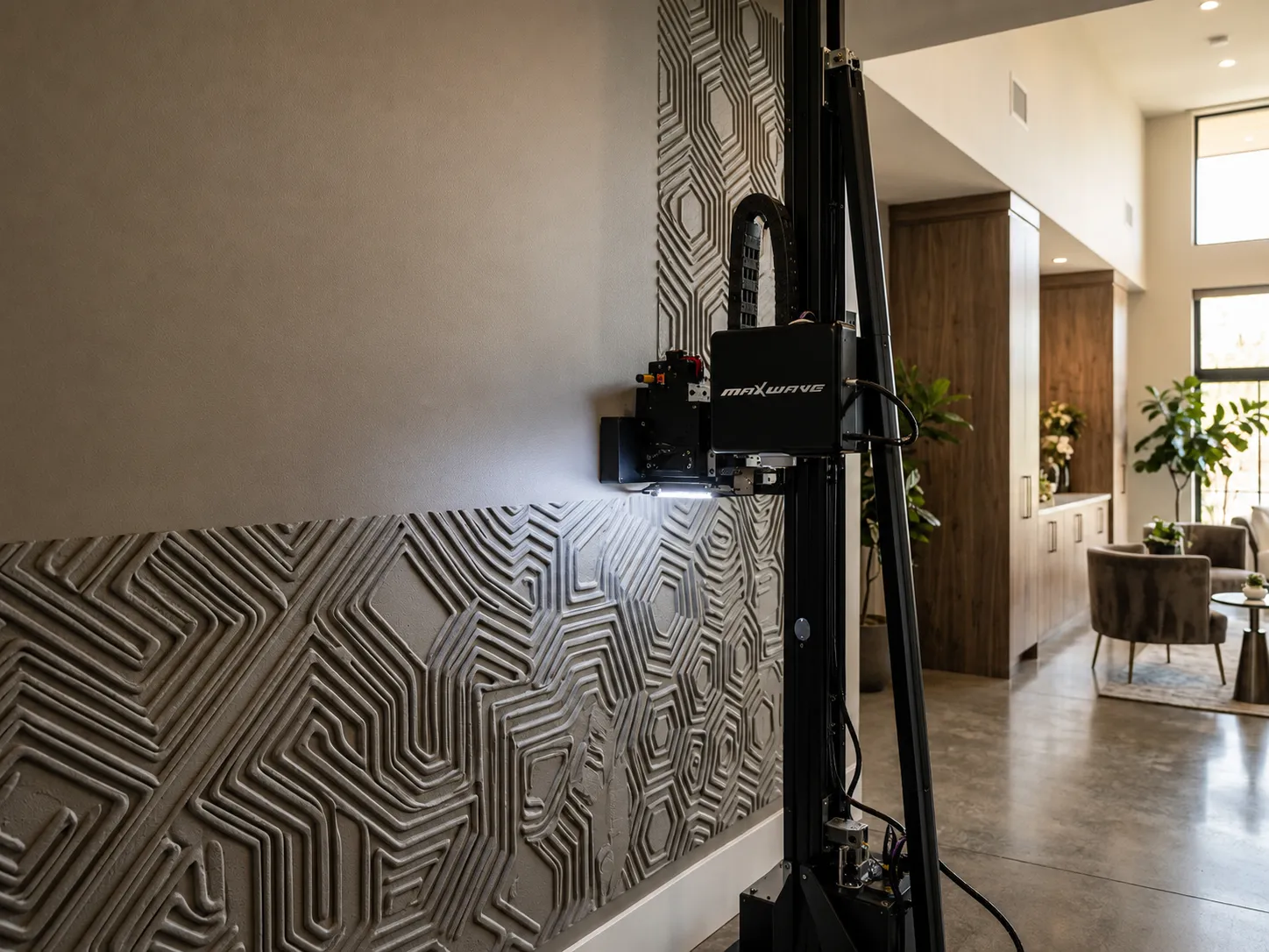3D wall printer producing textured relief surface on interior wall