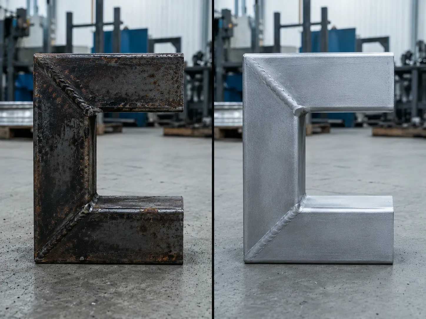 Metal fabrication shop where laser cleaning preps welded assemblies for coating