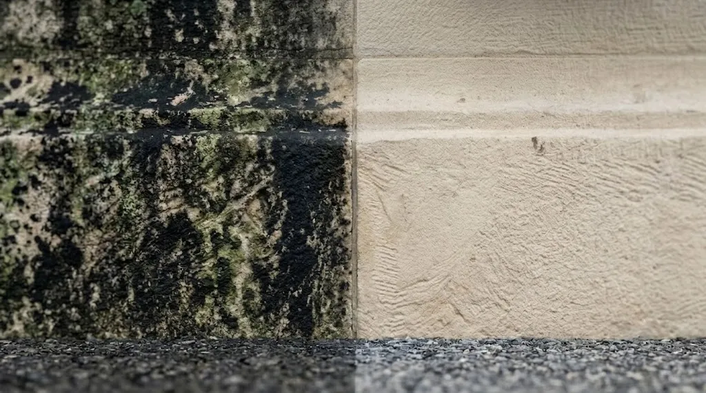 Before and after laser cleaning of heritage stone