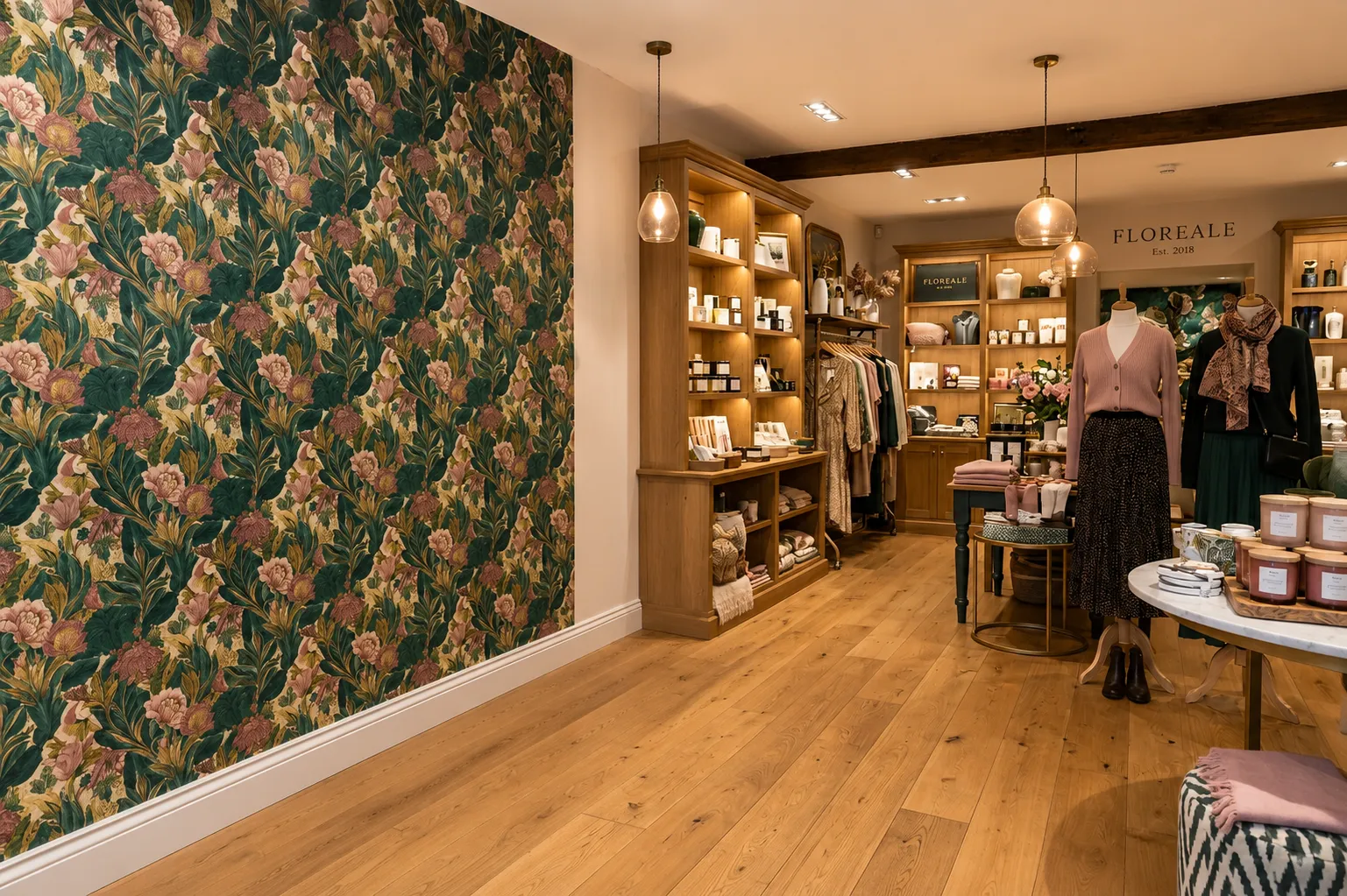 Boutique retail storefront with seasonal custom wallpaper refresh