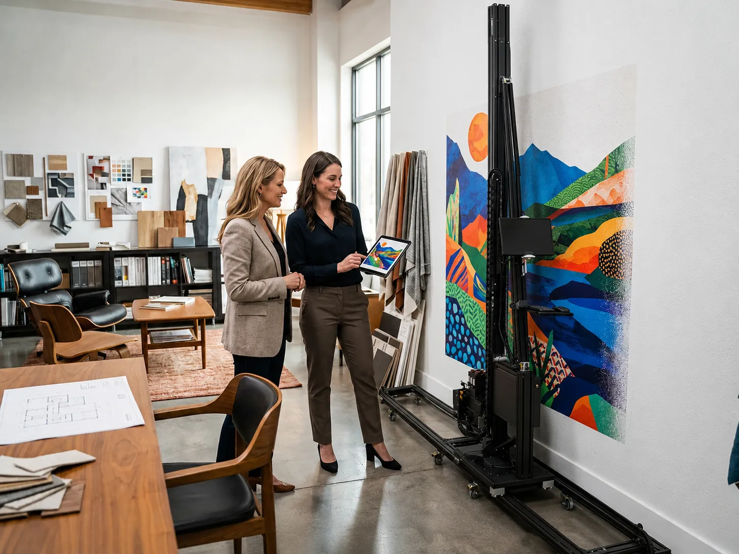 Interior design studio with a wall printer producing a custom mural from client artwork