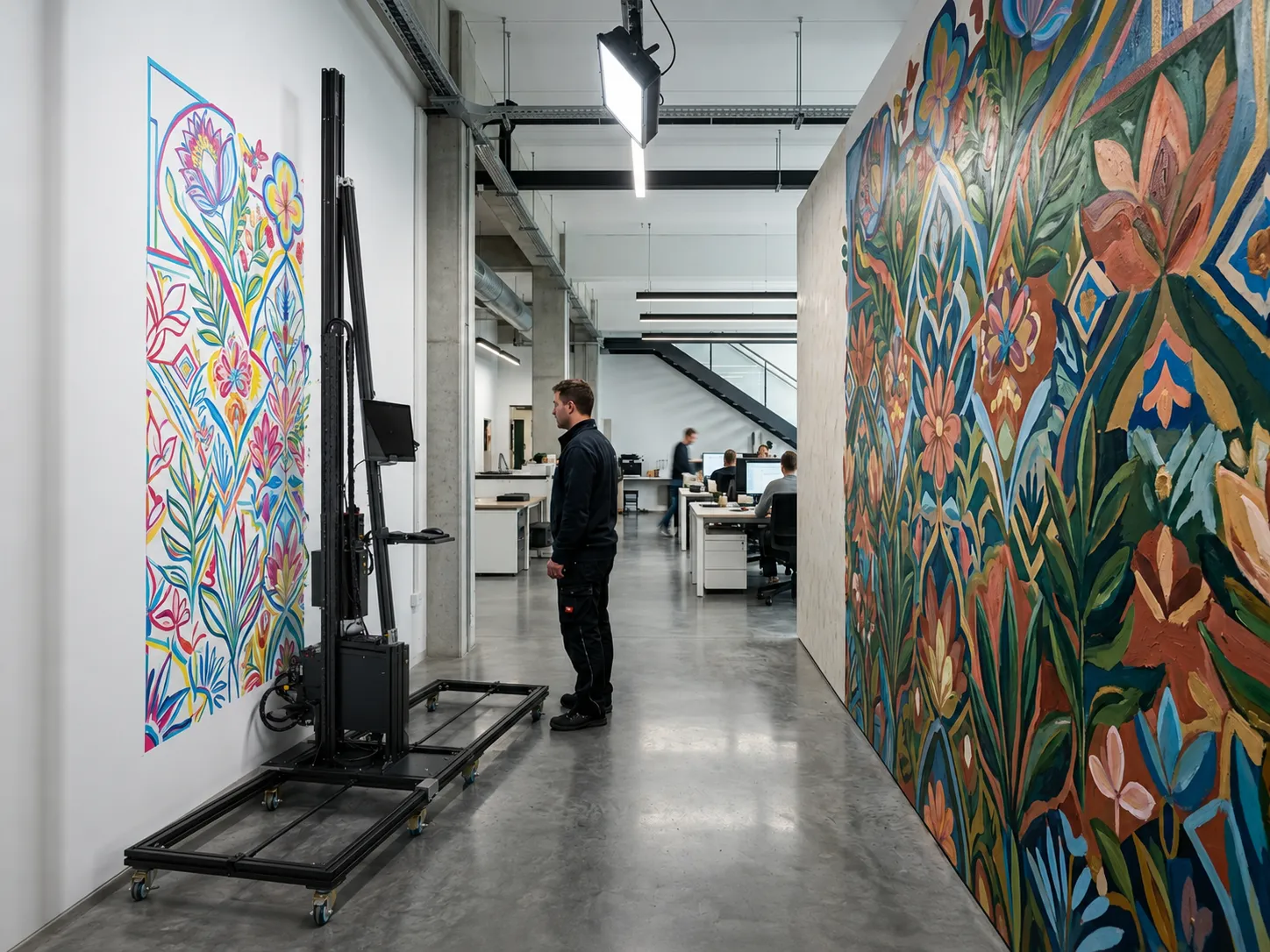 Commercial interior mural production — wall printer in operation next to finished hand-painted artwork