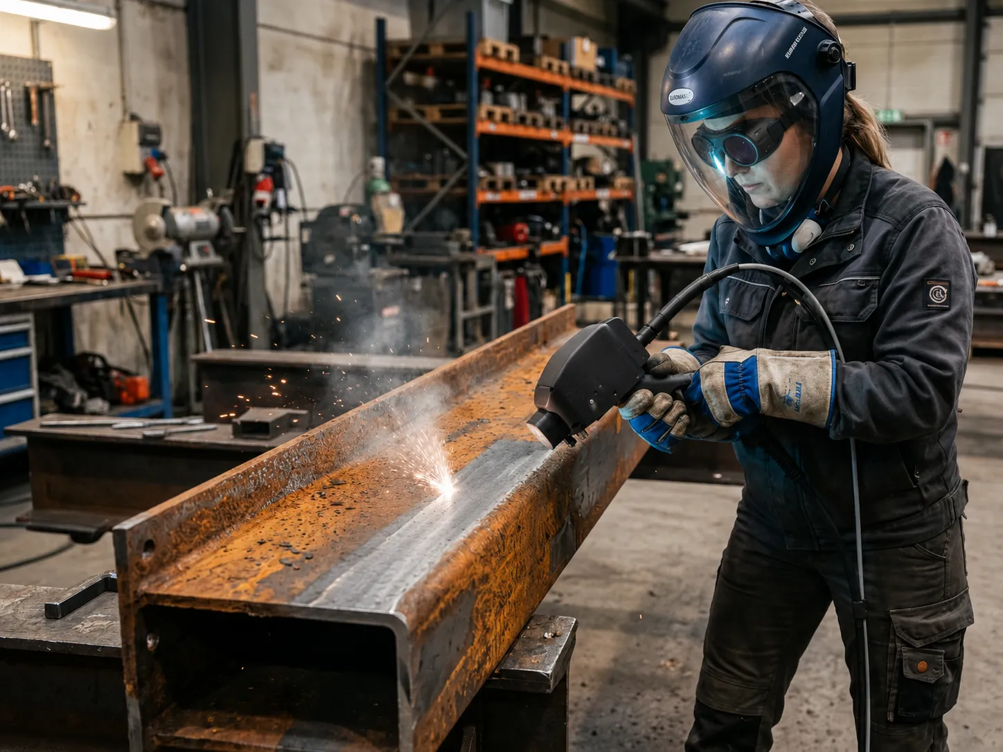 Operator using a pulsed fiber laser to strip rust from a metal part