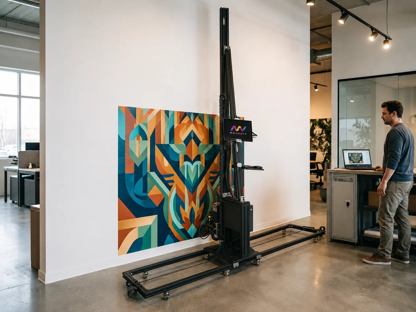Vertical wall printer in operation printing on an interior wall