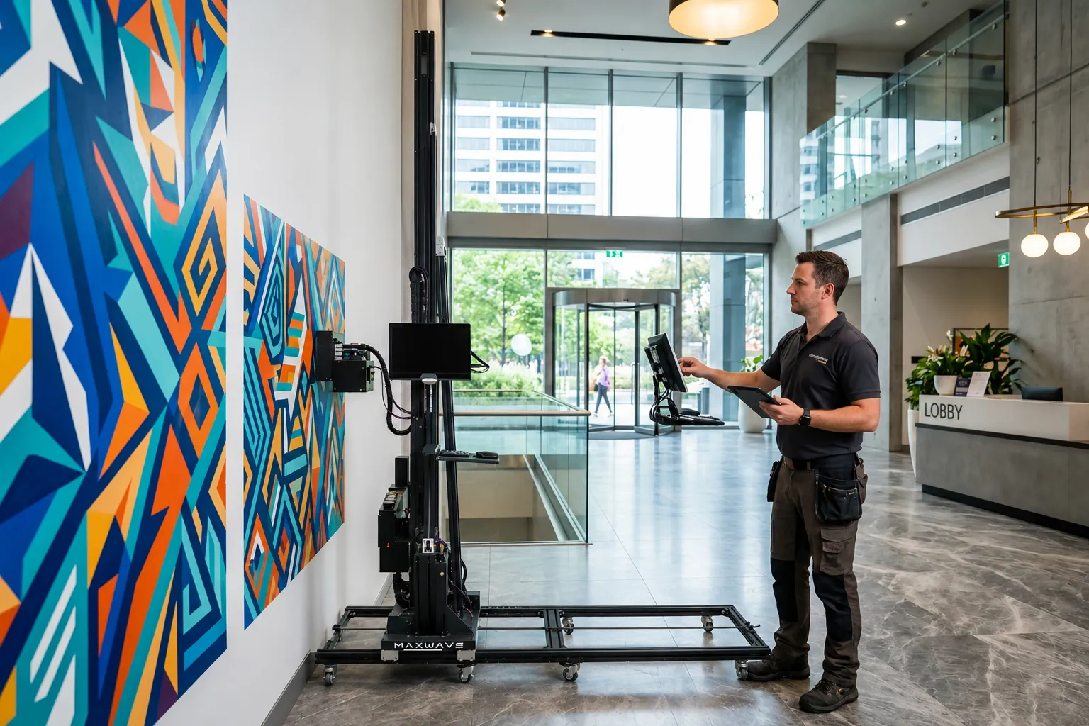 Wall printing operator on site printing a commercial lobby mural