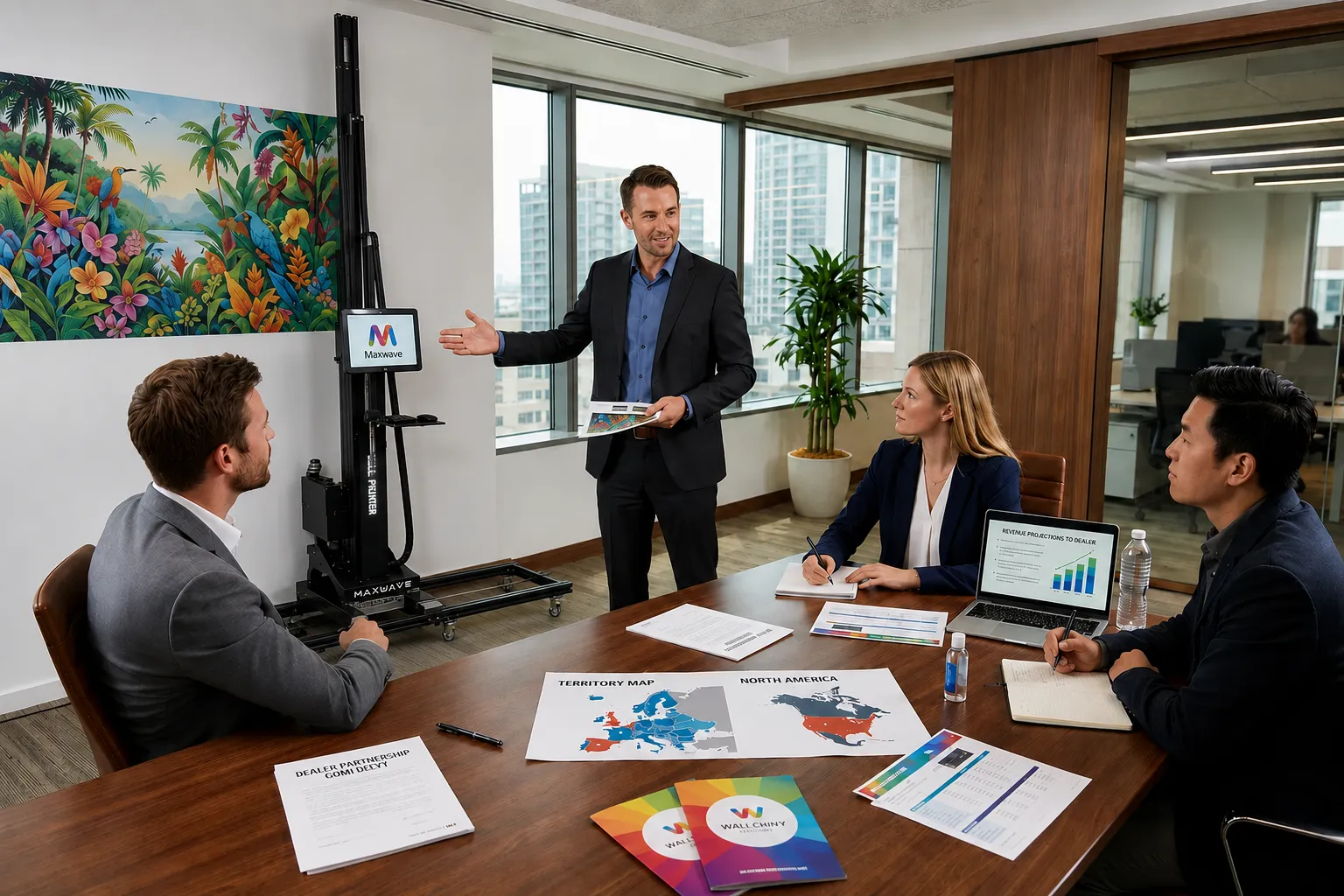 Dealer onboarding session — wall printer product training and territory documentation