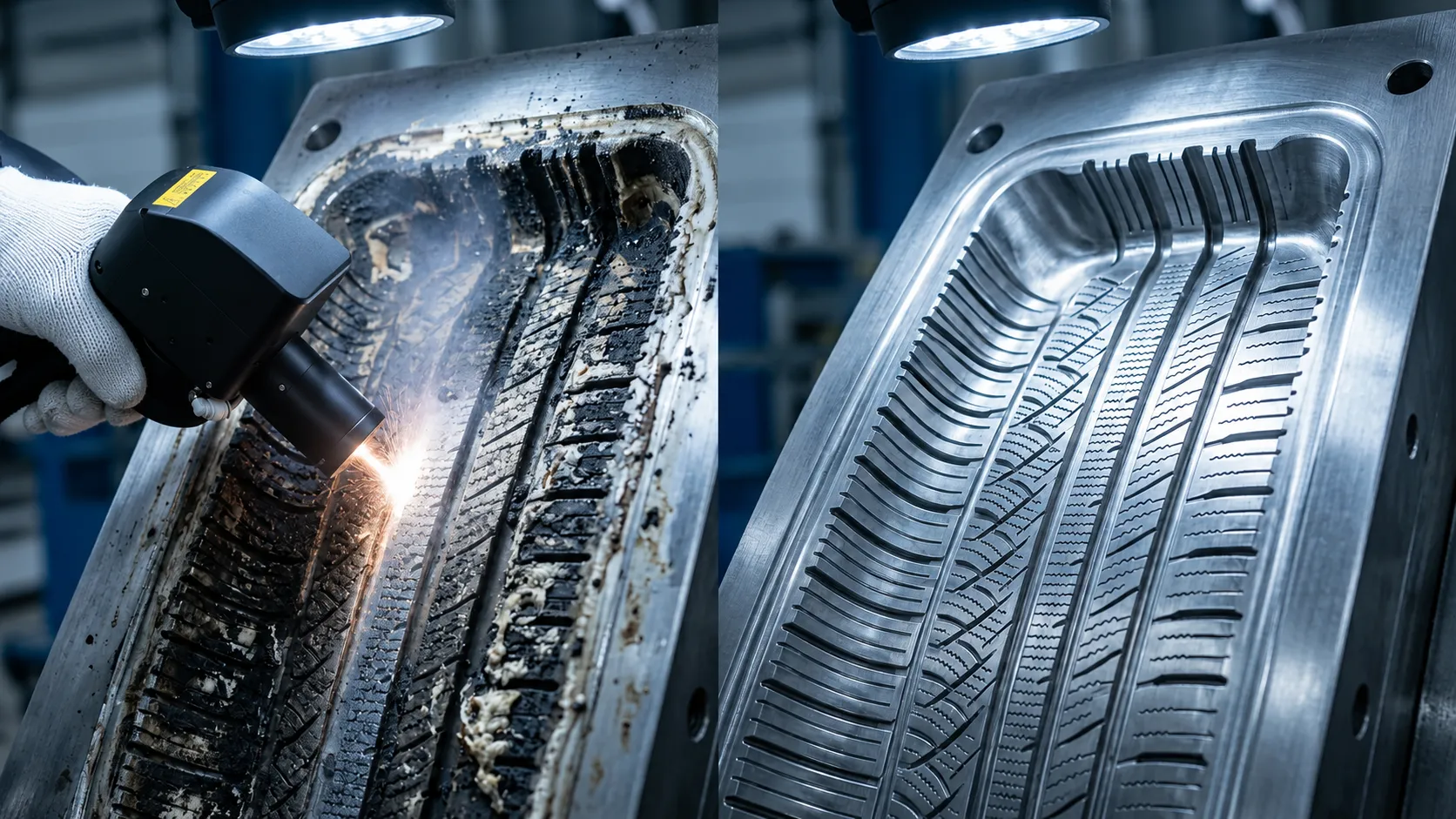 Before and after laser mold cleaning of a mold cavity