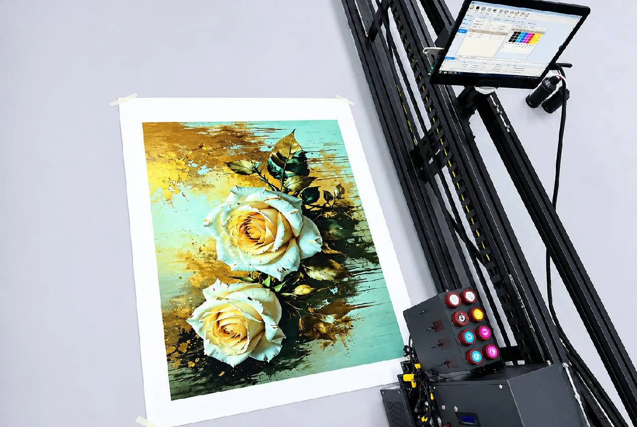 Wallpaper printer roll-feed mechanism detail showing substrate path