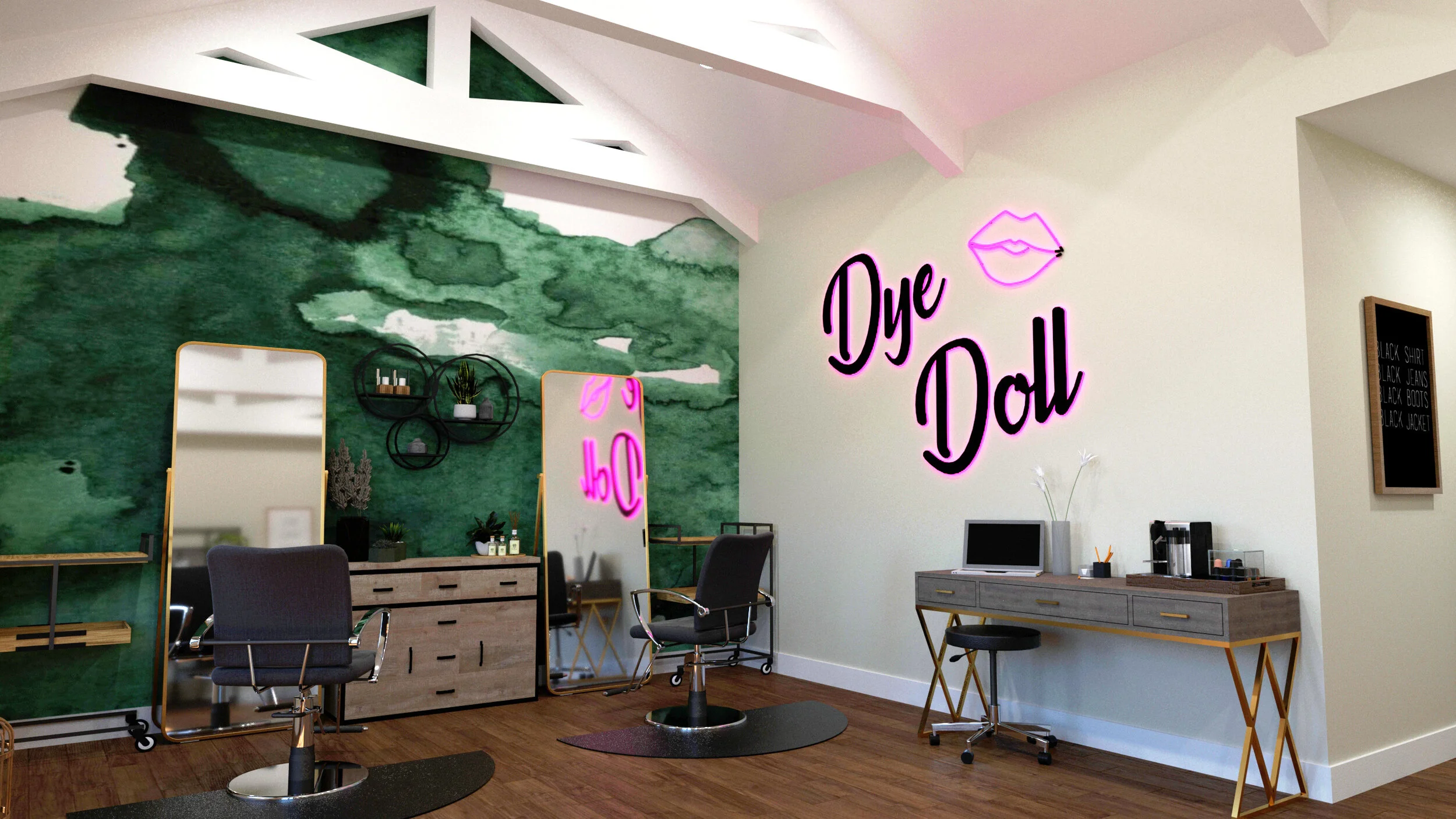 A printed statement wall in a salon