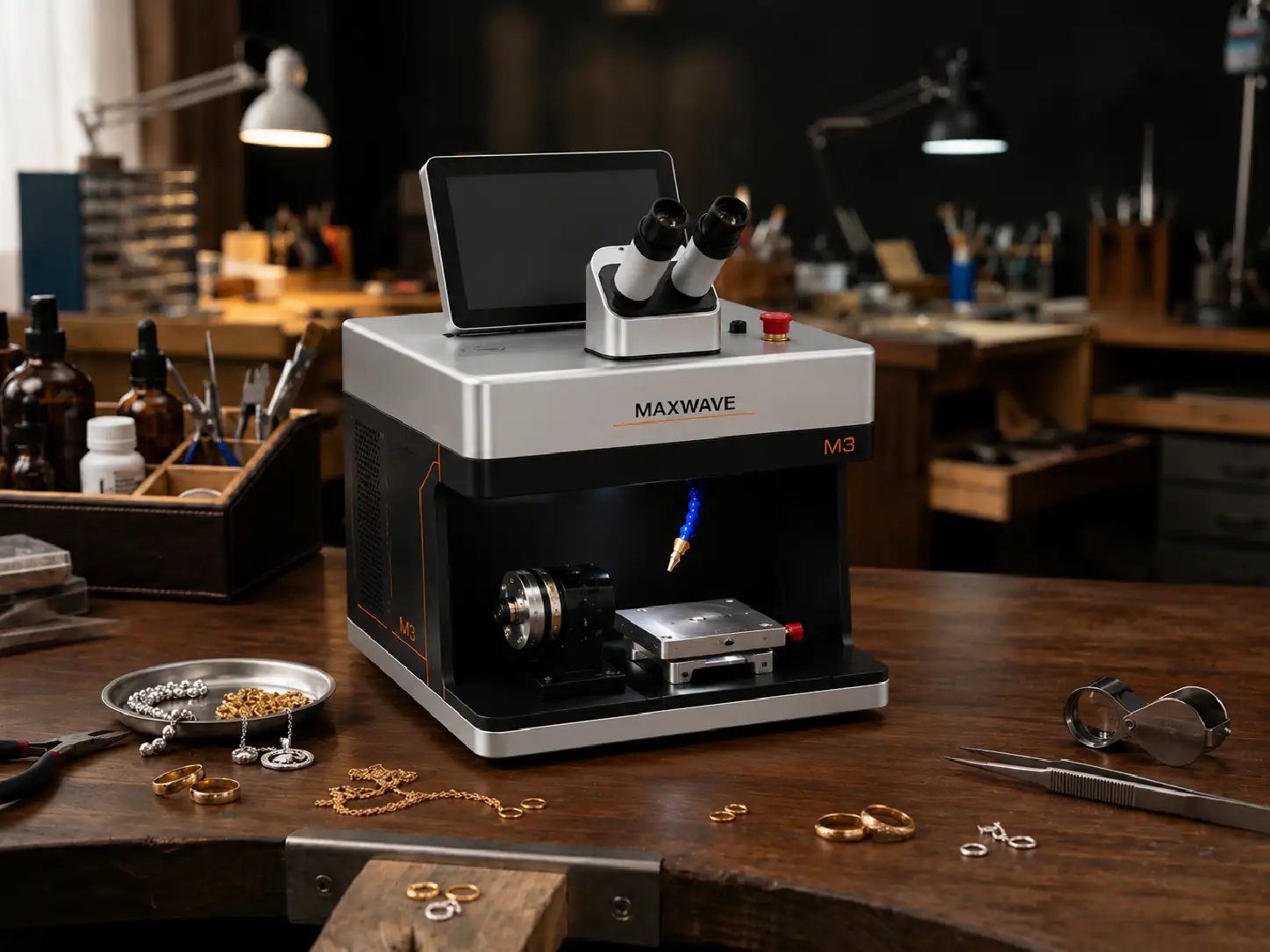 M3 Mini 3-in-1 jewelry laser welder on a repair bench