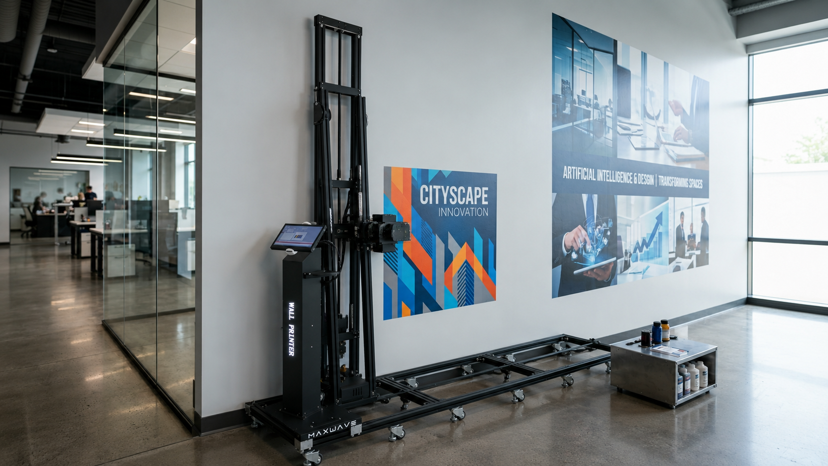 Rail-guided 3-axis carriage riding straight up a wall on the wall printer machine