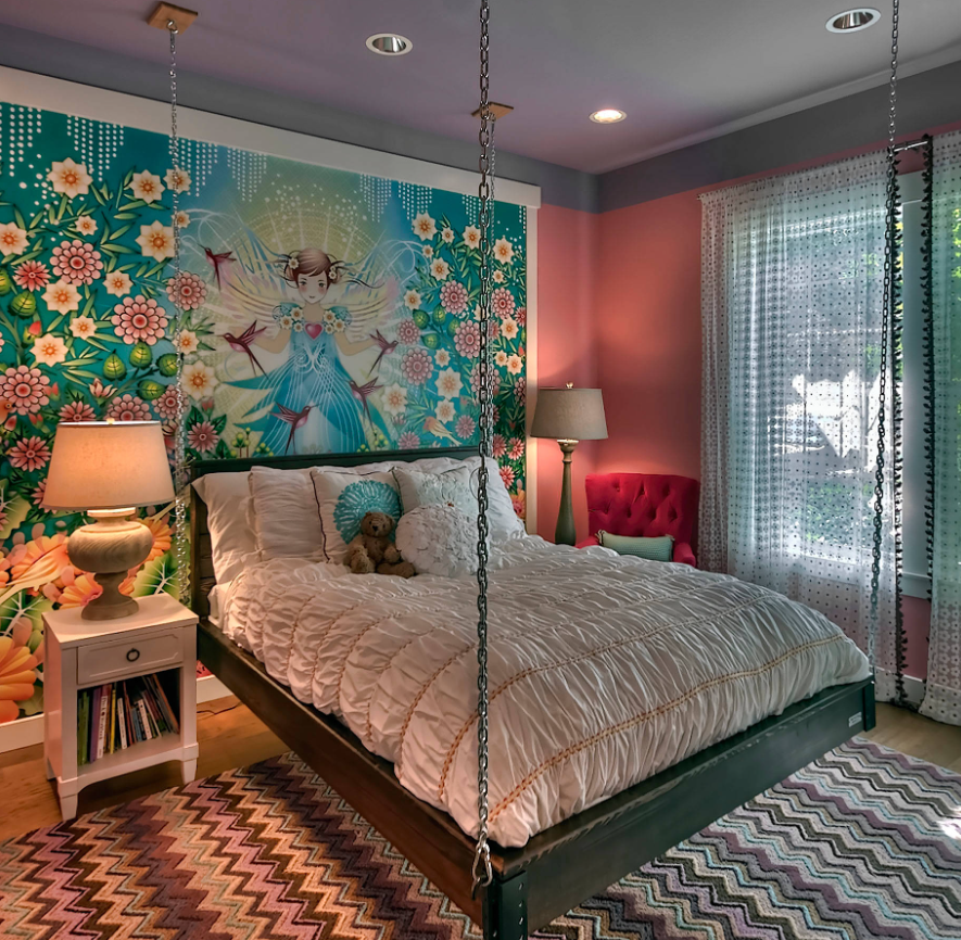 A printed themed scene on a kids' room wall