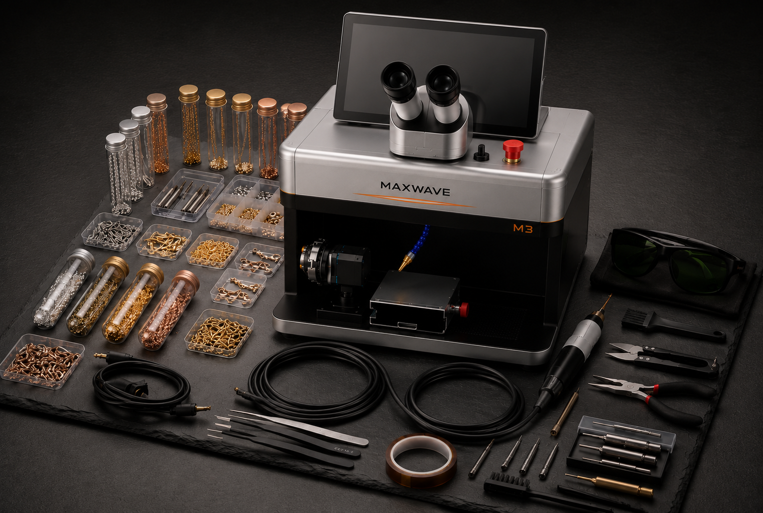 Complete permanent jewelry welding kit with welder, fixtures, and accessories