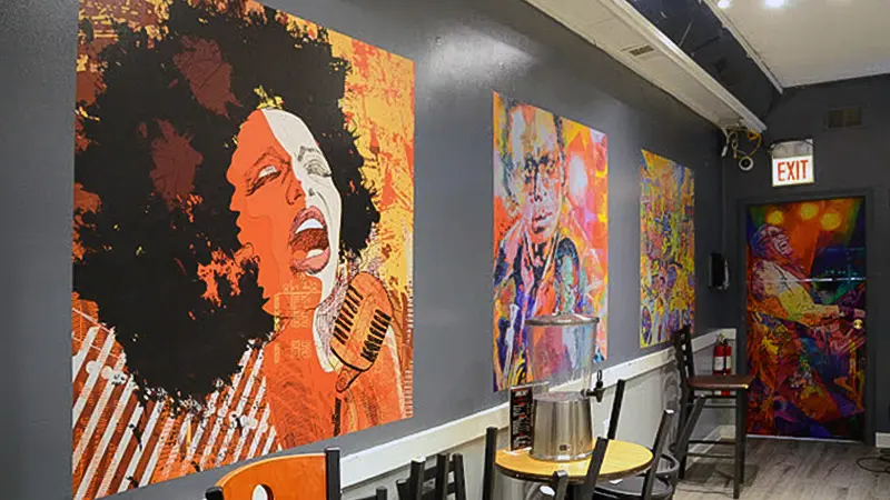 A printed theme wall in a restaurant interior