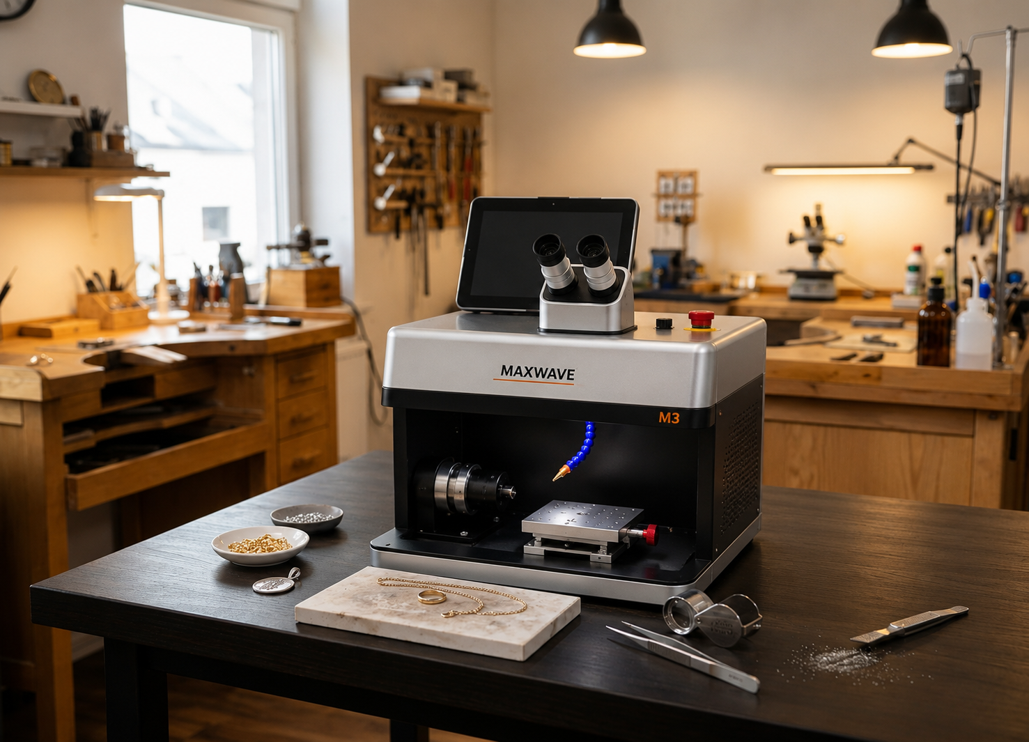 Jewelry laser welder for ring repair on a bench